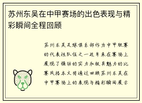 苏州东吴在中甲赛场的出色表现与精彩瞬间全程回顾
